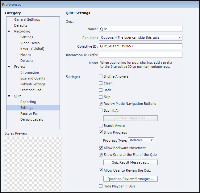 Settings options in Quiz preferences