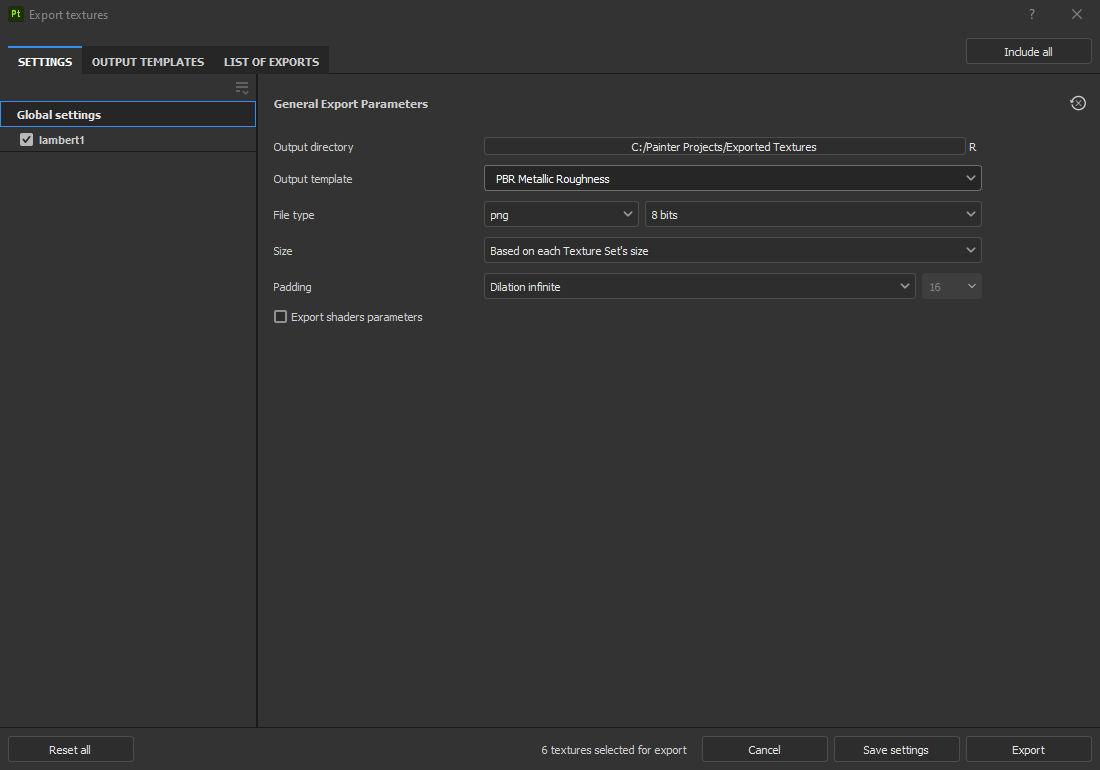A screenshot of the Settings tab of the Export textures dialog. 