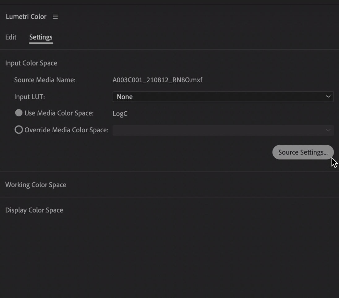 The UI shows Input Color Space settings with an option to access Source Settings.