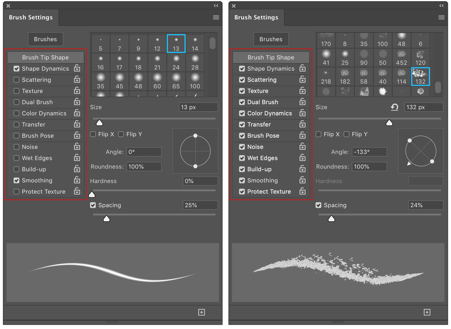 位於左邊的筆刷效能會比右邊的筆刷快。