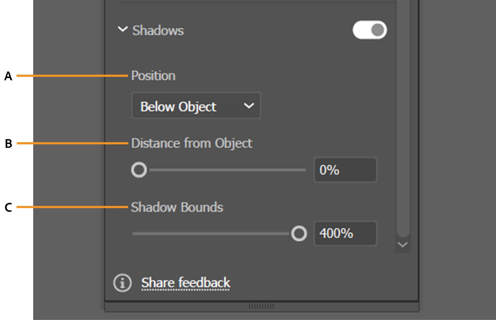 Shadow section in the 3D and Materials panel, displays options to set shadow position, adjust the distance from the object, and define shadow bounds.