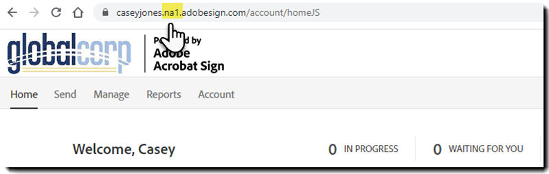 An Adobe Sign URL with the instance highlighted