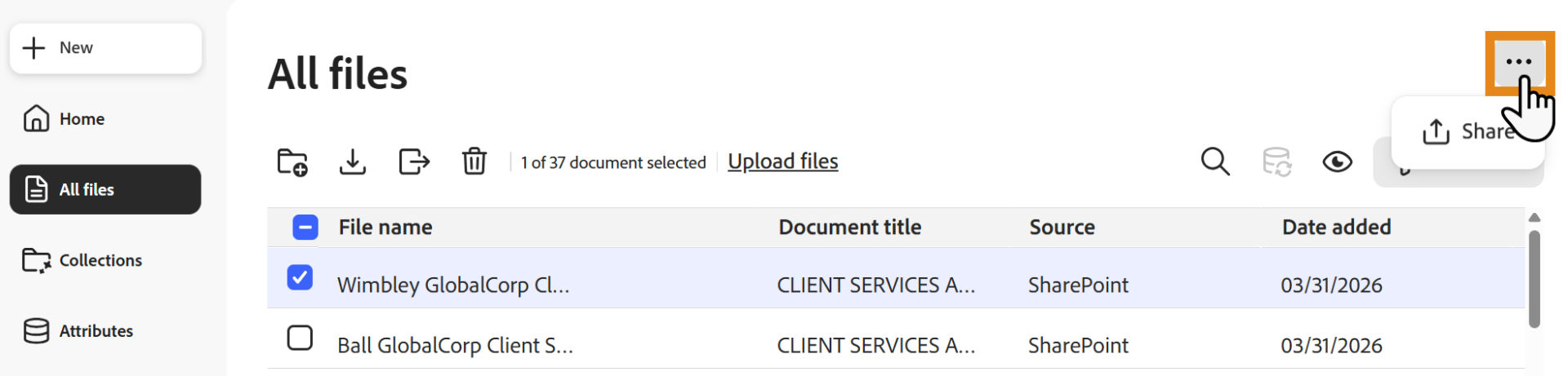 All files view with the ellipsis menu open and the Share action available.
