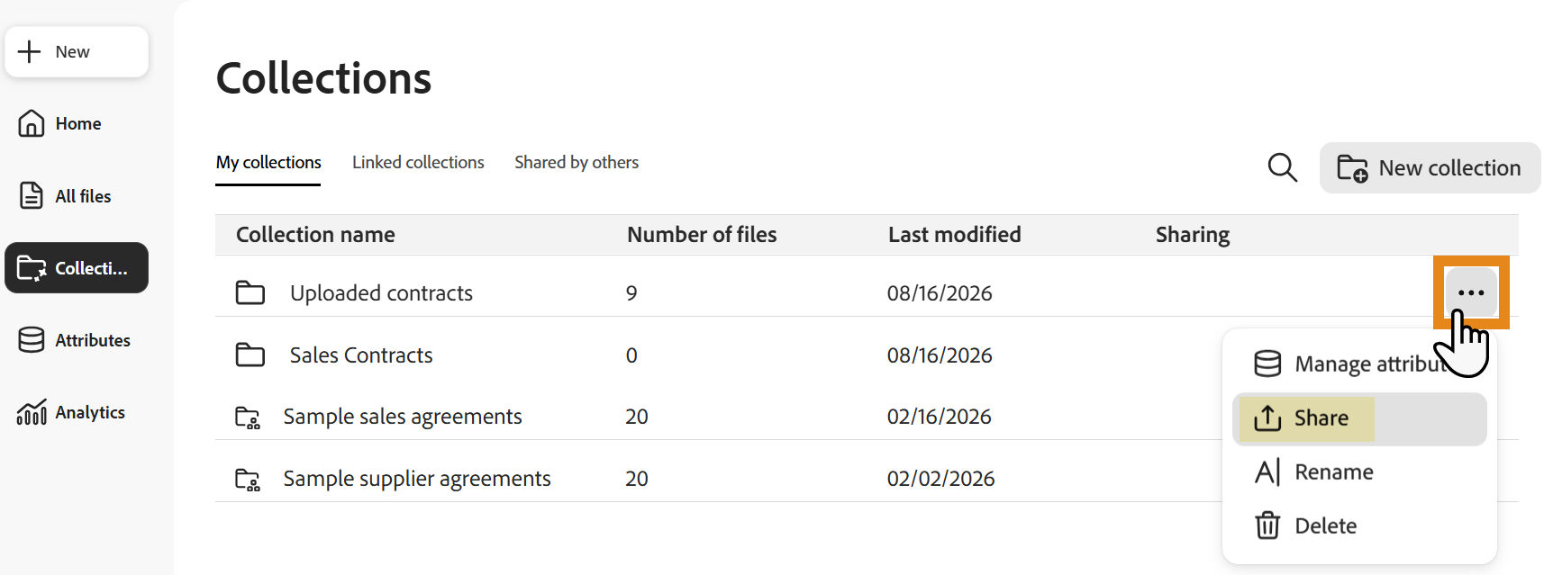 The Collections tab with the Share button highlighted