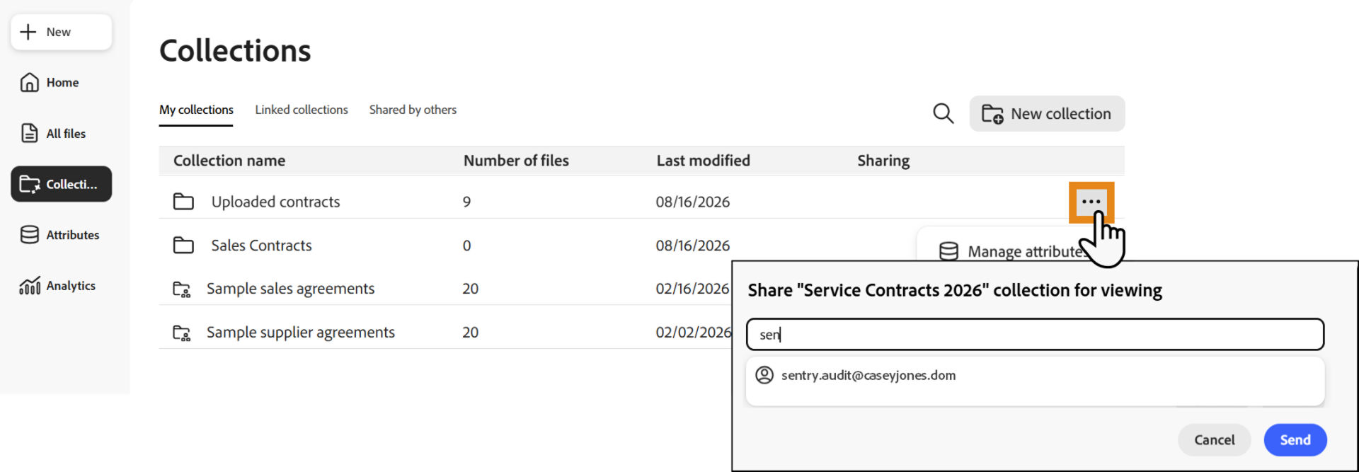 The list of collections, exposing the action menu for one of them. Share is highlighted in the menu.