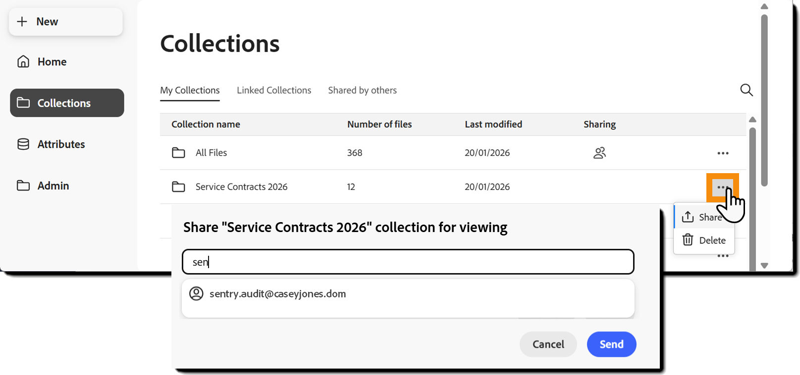 The list of collections, exposing the action menu for one of them. Share is highlighted in the menu.