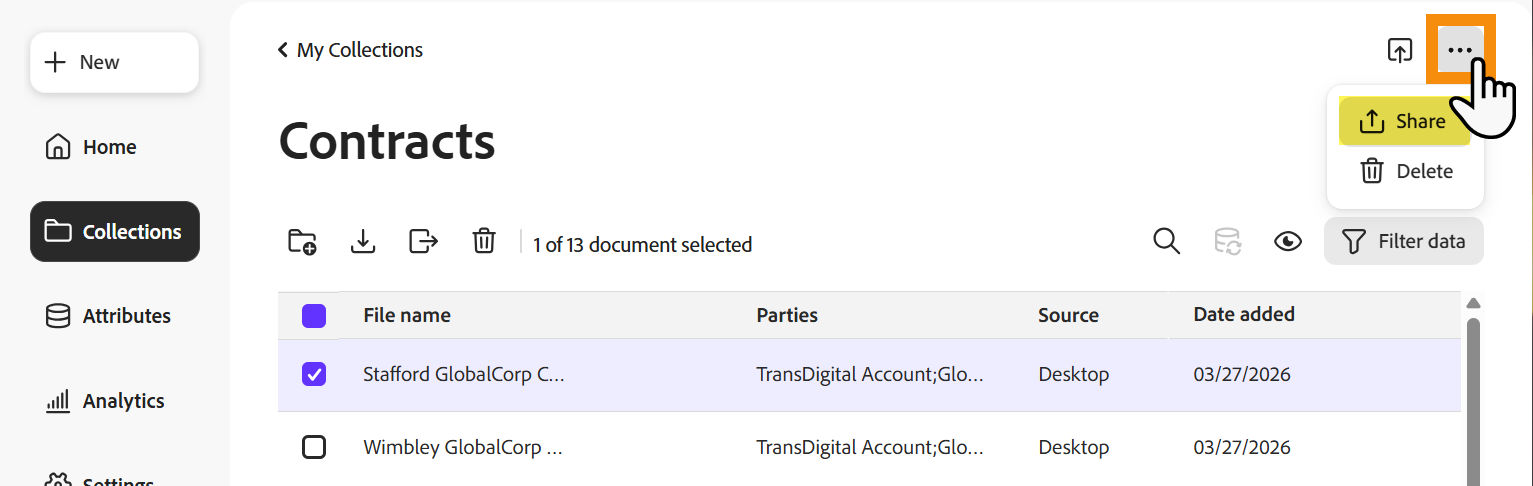 The Collections tab with the Share button highlighted