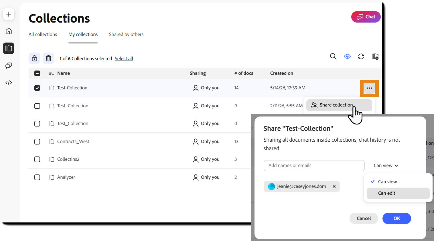 Sharing panel with invited users and collection access options.
