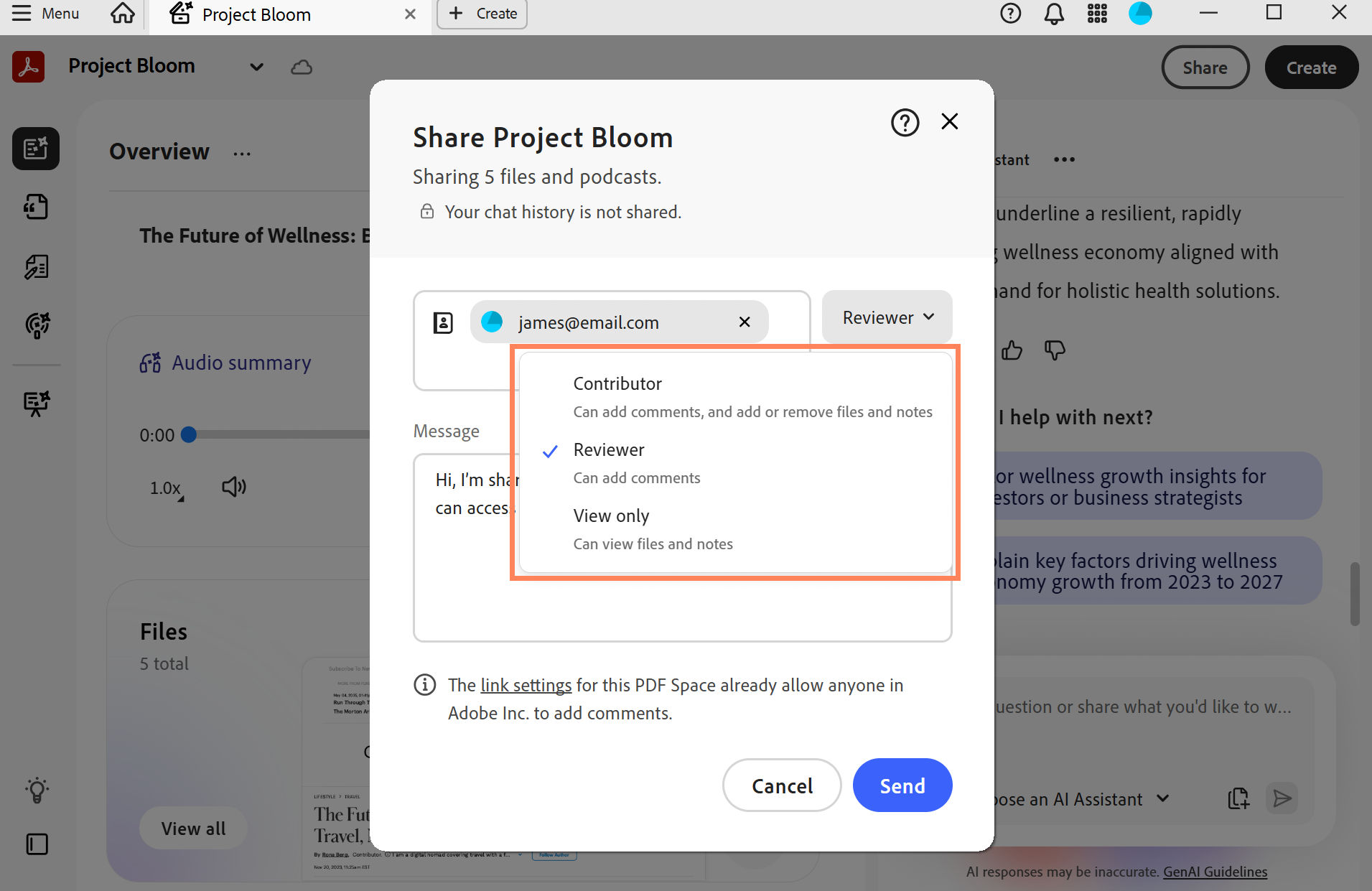 Share dialog for a PDF Space showing recipient email, permission options (Contributor, Reviewer, Viewer), and controls to send a sharing link.
