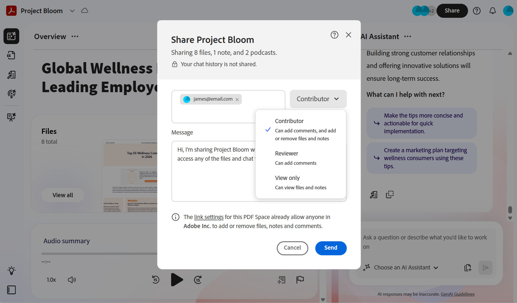Share dialog for a PDF Space showing recipient email, permission options (Contributor, Reviewer, Viewer), and controls to send a sharing link.