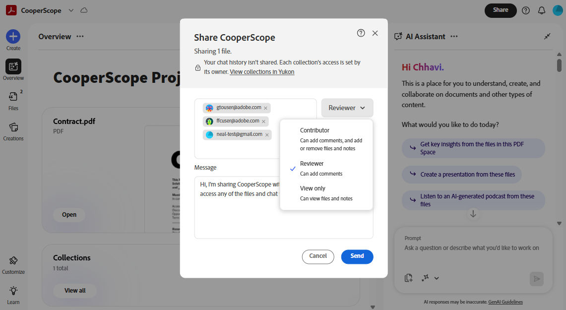 Share dialog in PDF Spaces showing a Space with a connected Yukon collection, recipient email fields, permission options for contributor reviewer and view only, and a note that collection access is managed separately.
