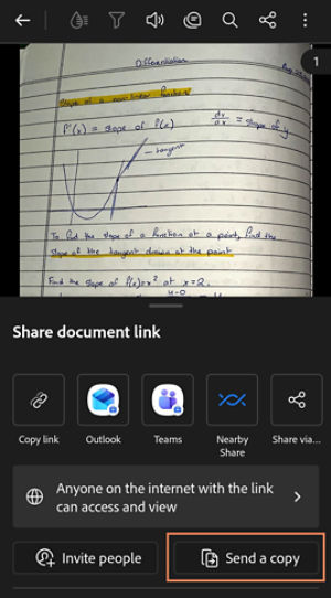 Share document link options showing Copy link, Outlook, Teams, Nearby Share, Share via, and actions to Invite people or Send a copy.