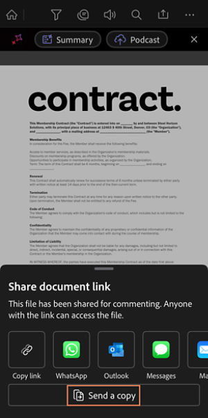 Share document link options showing Copy link, Outlook, Teams, Nearby Share, Share via, and actions to Invite people or Send a copy.