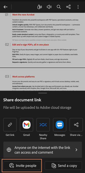 Share document link screen in Acrobat on Android showing sharing options (Get link, Gmail, Nearby Share, Messages, Share via) and a highlighted Invite people button.