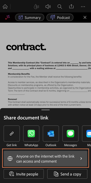Share document link screen in Acrobat on mobile showing link access set to “Anyone on the internet with the link can access and comment,” with additional options to invite people or send a copy.