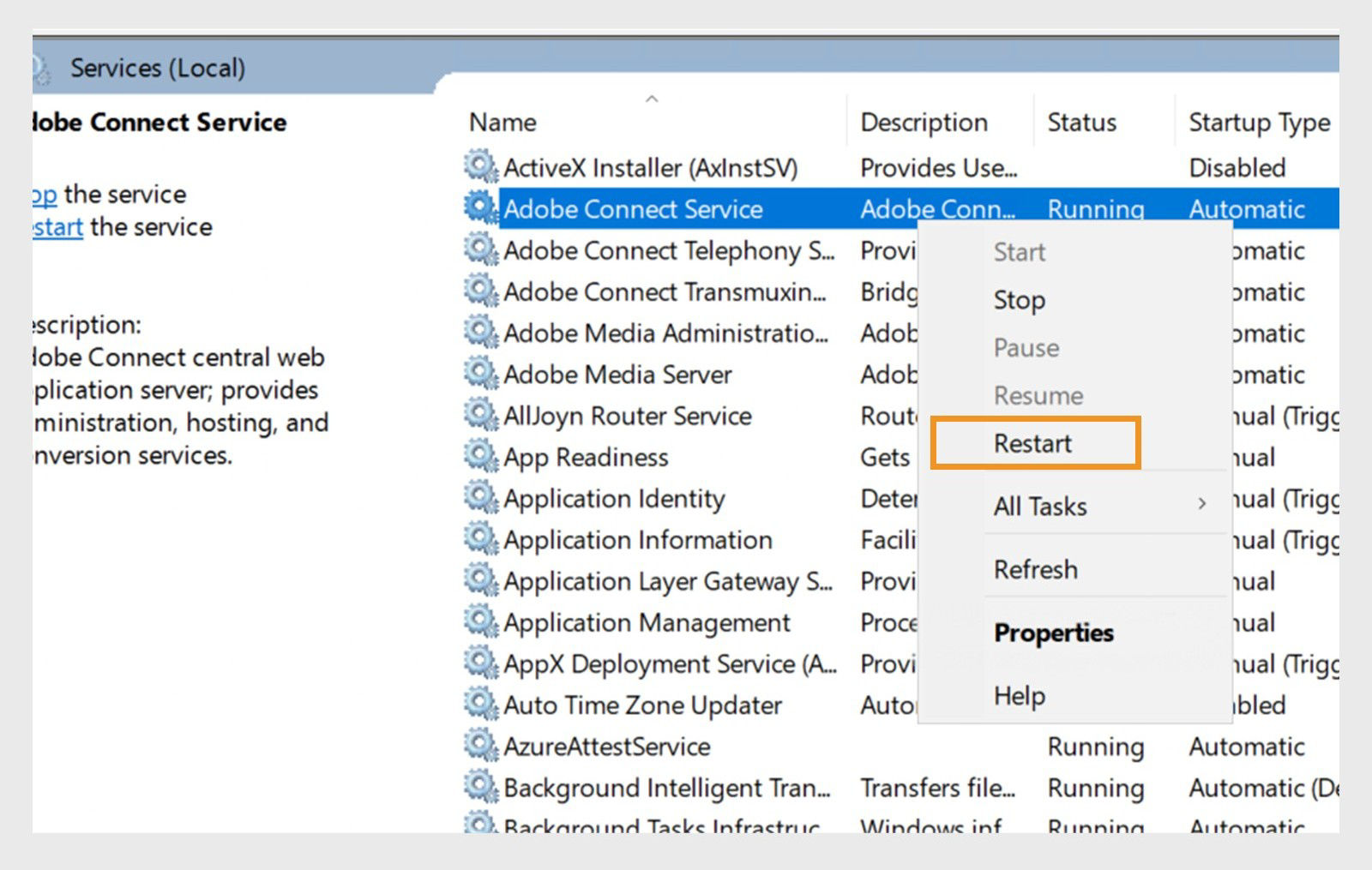 Services(Local) shwoing the option to restart the windows service