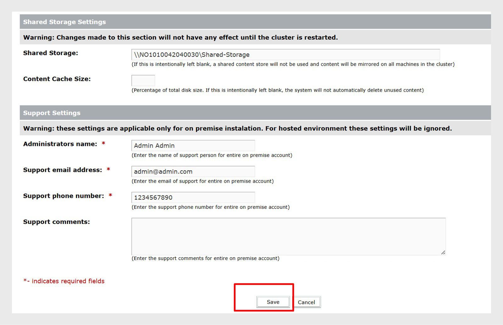 Save the shared storage settings