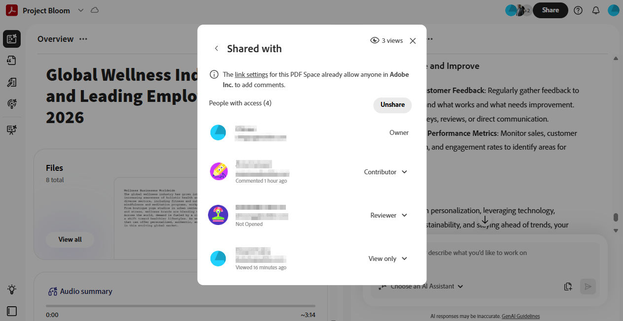 Shared with dialog box in PDF Spaces showing people with access, their roles, and view or comment activity for a shared space.