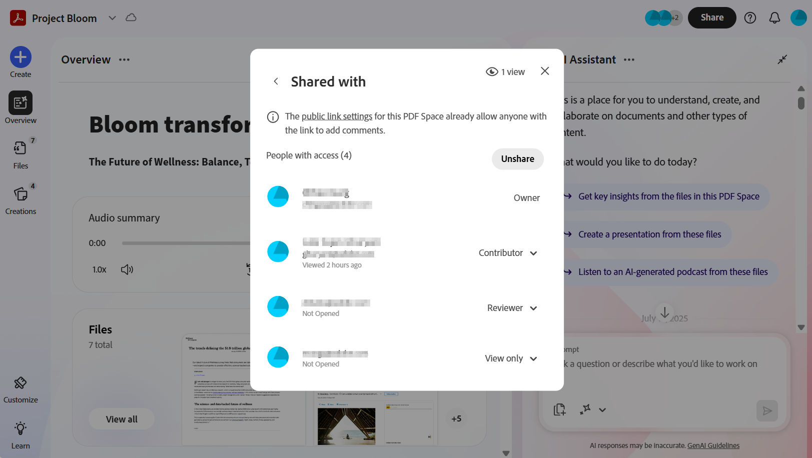 Shared with dialog box in PDF Spaces showing people with access, their roles, and view or comment activity for a shared space.