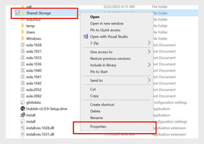 Shared storage menu showing the properties option