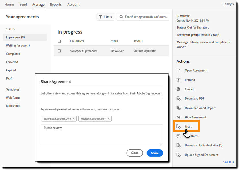 The Manage page with the Share action highlighted and the resulting Share Agreement pop-up displayed.