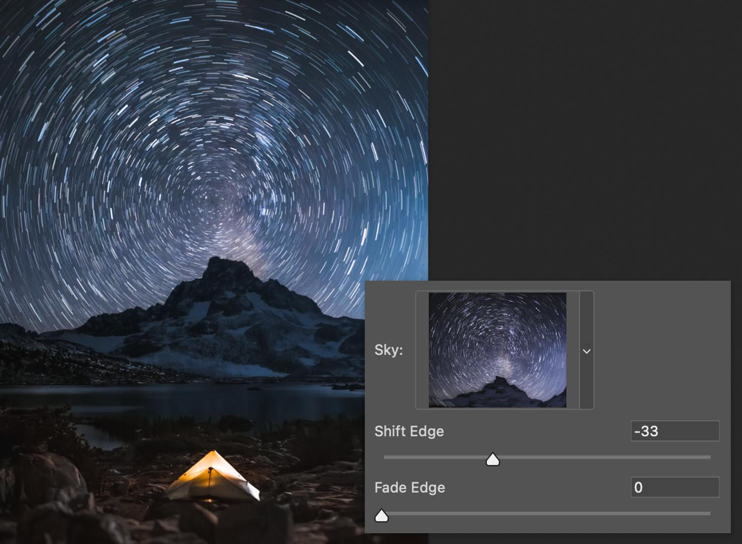 Shift Edge value is -33 and Fade Edge is 0. The Sky in the nighttime landscape shows the spiral starry sky behind the mountain.
