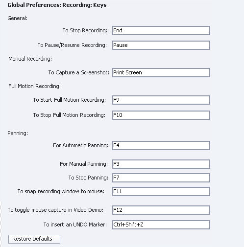 Shortcut keys for recording