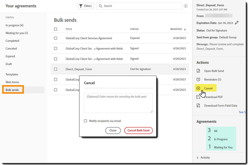 Manage page with a Bulk send selected and highlighting the Cancel action