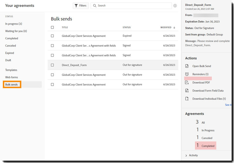 Send in Bulk template selected with the Cancel action missing and the Completed status in the Agreements summary highlighted