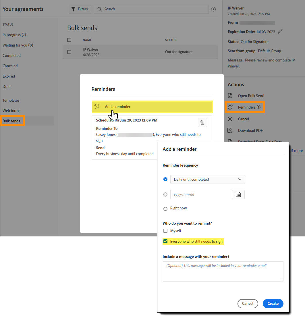 The Manage page with the Reminders action highlighted and the Reminders configuration panel open