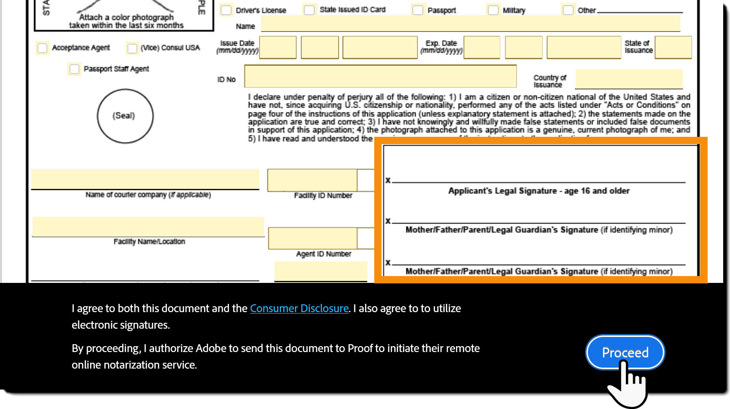 Notarize footer for the field filling phase