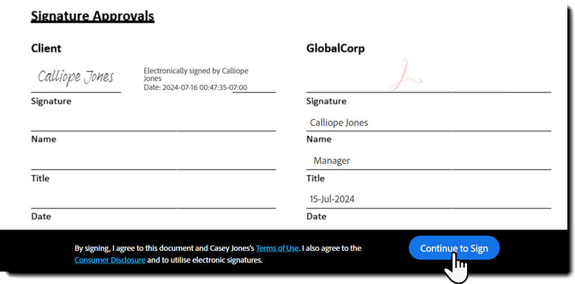 The e-Sign page showing the "Continue to Sign" button exposed.