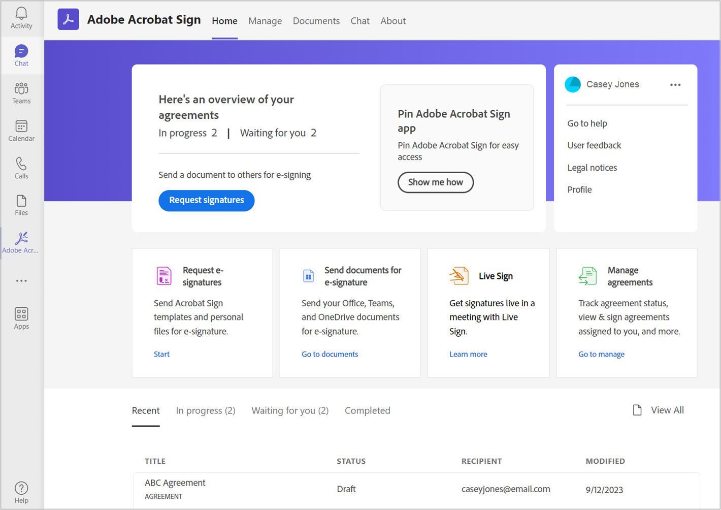 Acrobat Sign pour Microsoft Teams : onglet Accueil