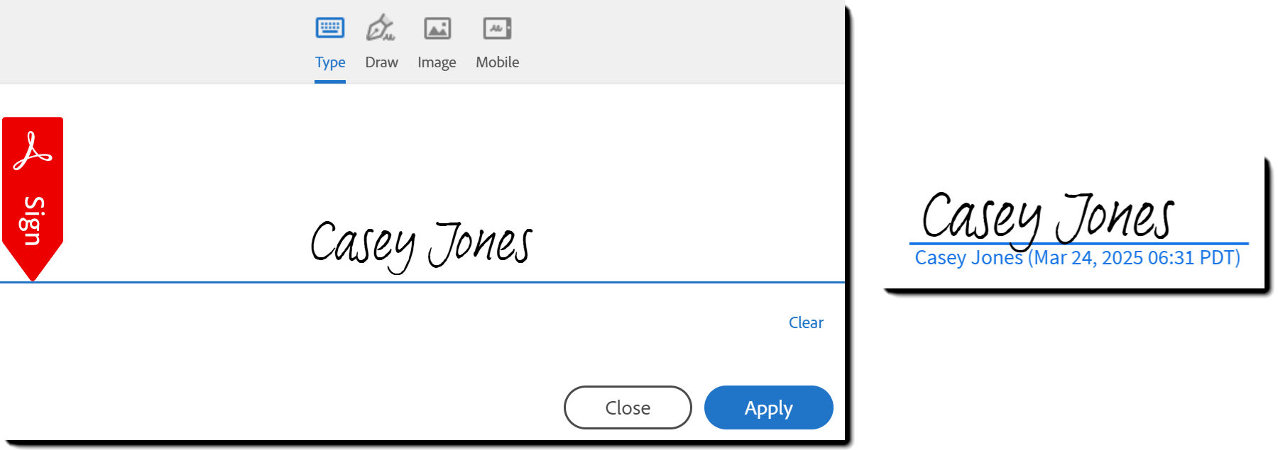 An example of the signature panel with the typed name input and the resulting signature as applied to the agreement PDF.