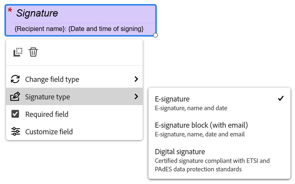 View of the e-signature field with the left click field menu exposed, and the Signature Type. drop-down menu expanded.