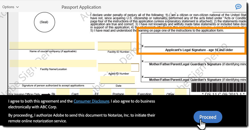 Notarize footer for the field filling phase