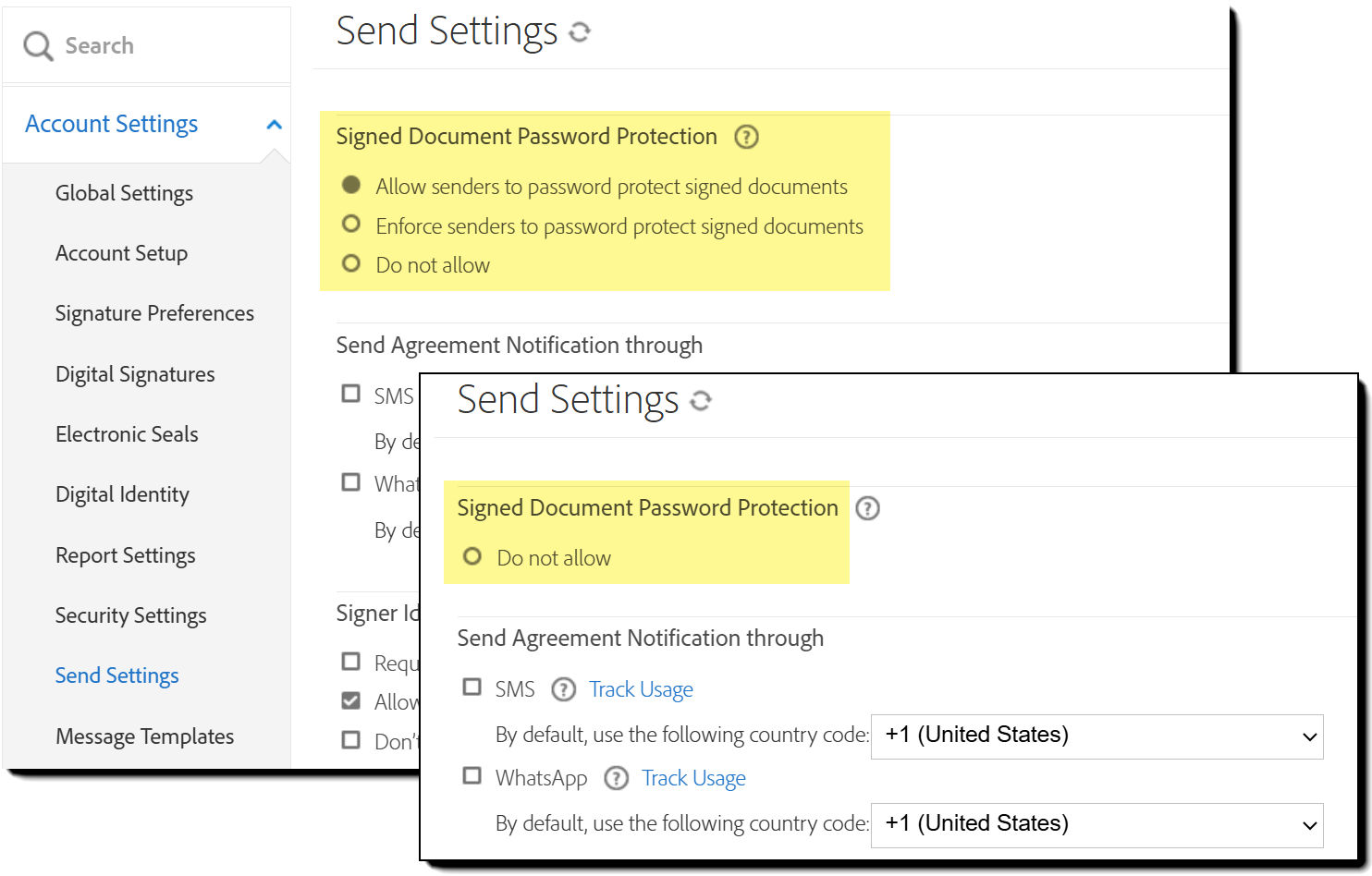 Signed Document Password Protection controls in both the original view and with the options to add a password suppressed.