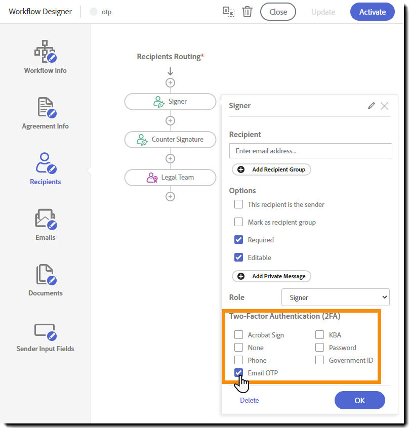 Recipient tab with the signer properties exposed and the authentication options highlighted