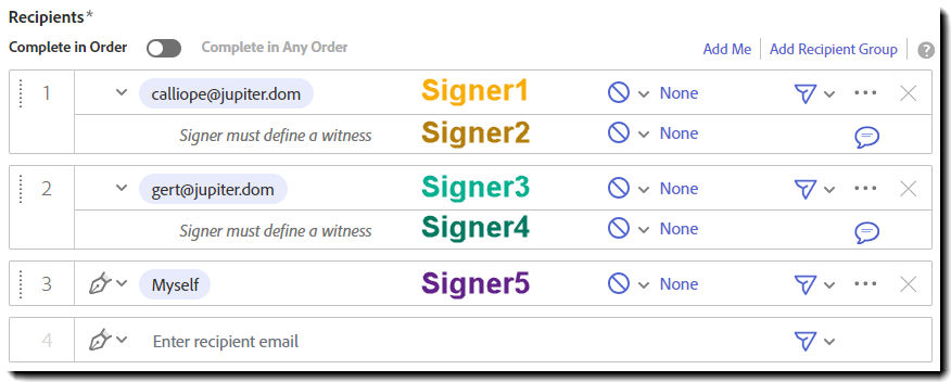 The Compose page with the signing index used by text tags added in-line with the recipients in the recipient list