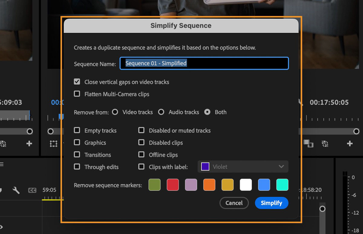 Simplify Sequence dialog box showing options to close vertical gaps, flatten Multi-Camera clips, and remove elements from tracks.