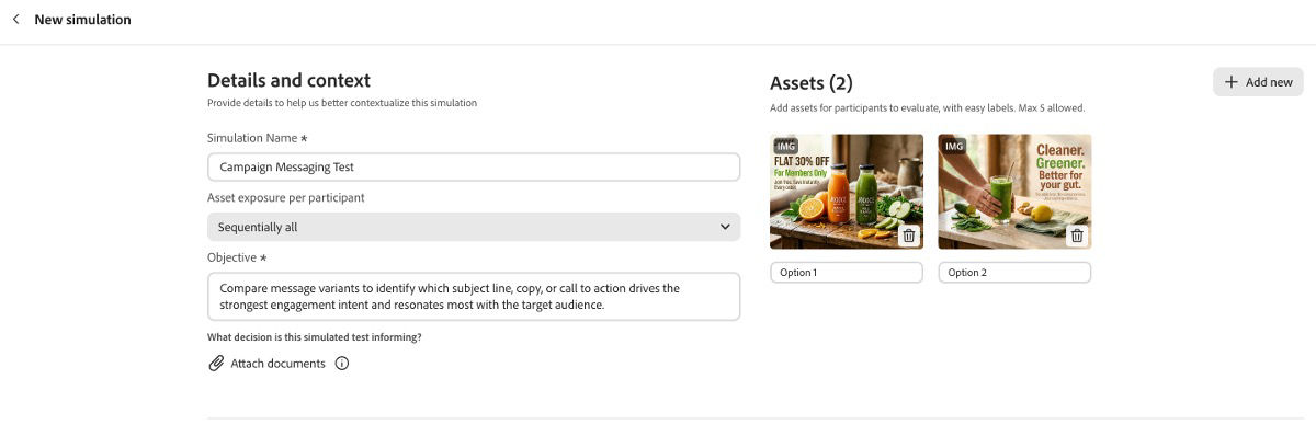 Simulation configuration page showing uploaded asset variations, audience segment selection, participant sample controls, and preset or custom evaluation metrics.