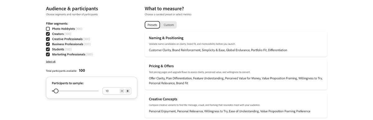 Simulation configuration page showing uploaded asset variations, audience segment selection, participant sample controls, and preset or custom evaluation metrics.