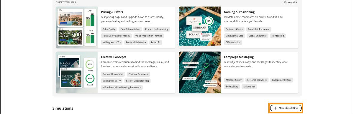Simulation setup page showing ready to use templates and a New simulation button.