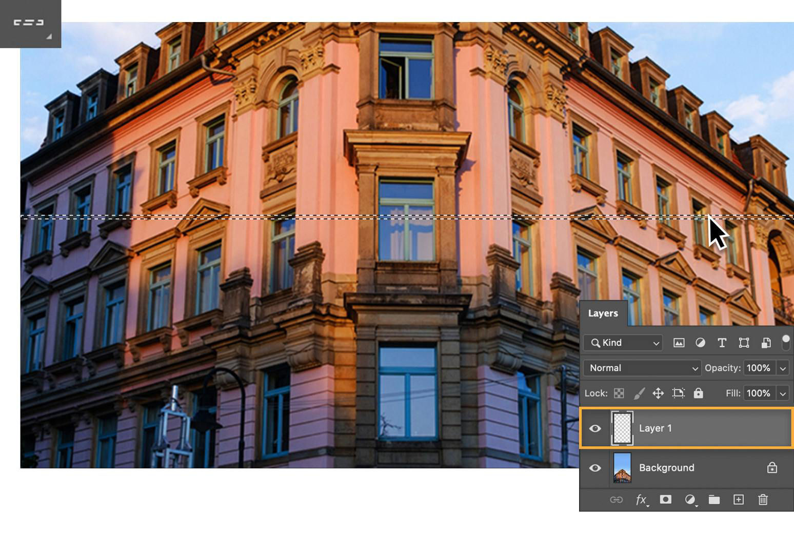 Single Row Marquee tool is applied to the middle of the image. Layer 1 shows above the Background in the Layers panel.