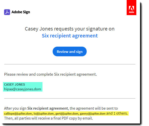 Six recipient email