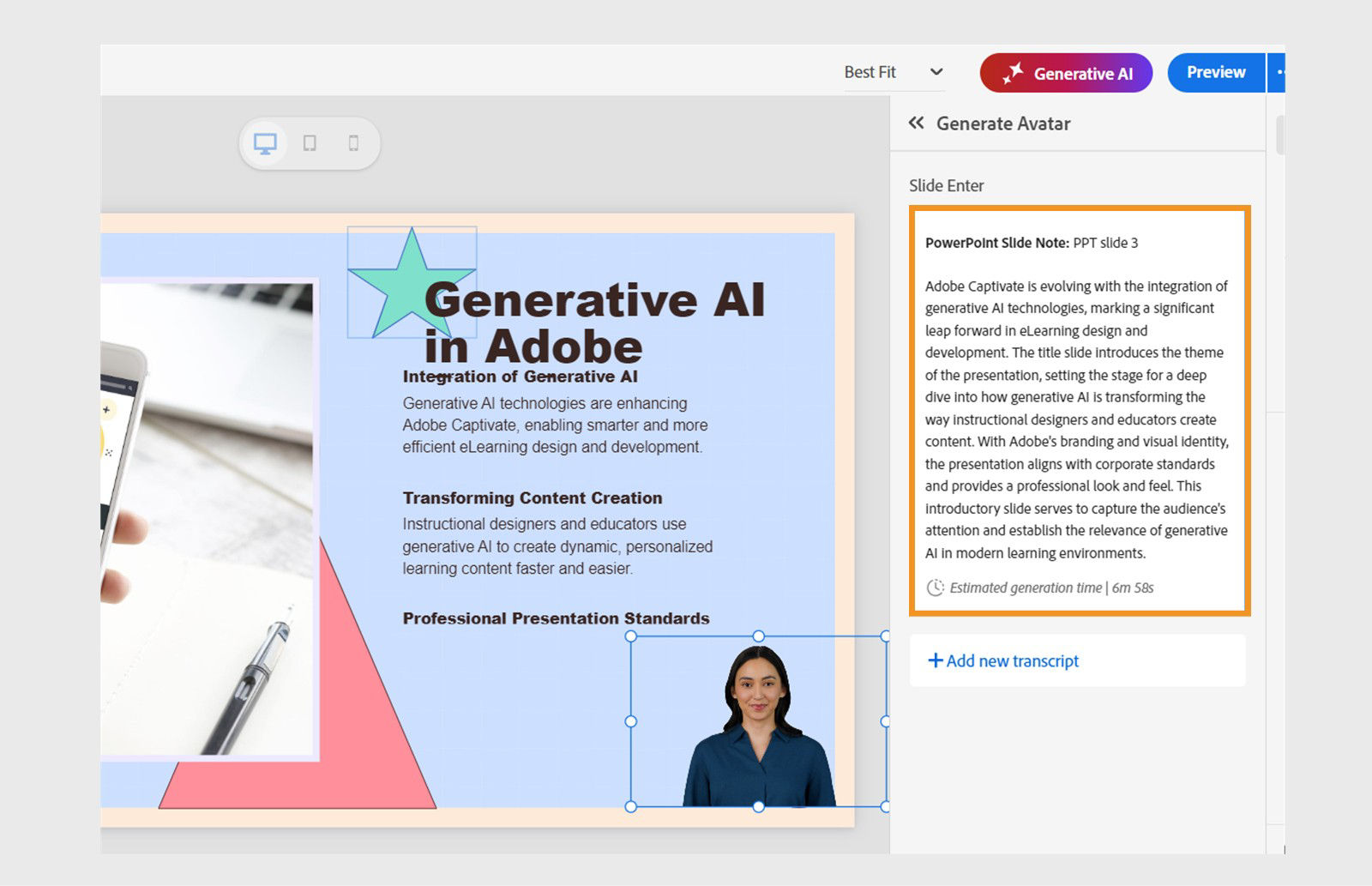 Example of how PowerPoint slides notes appear as Avatar transcript directly in Captivate