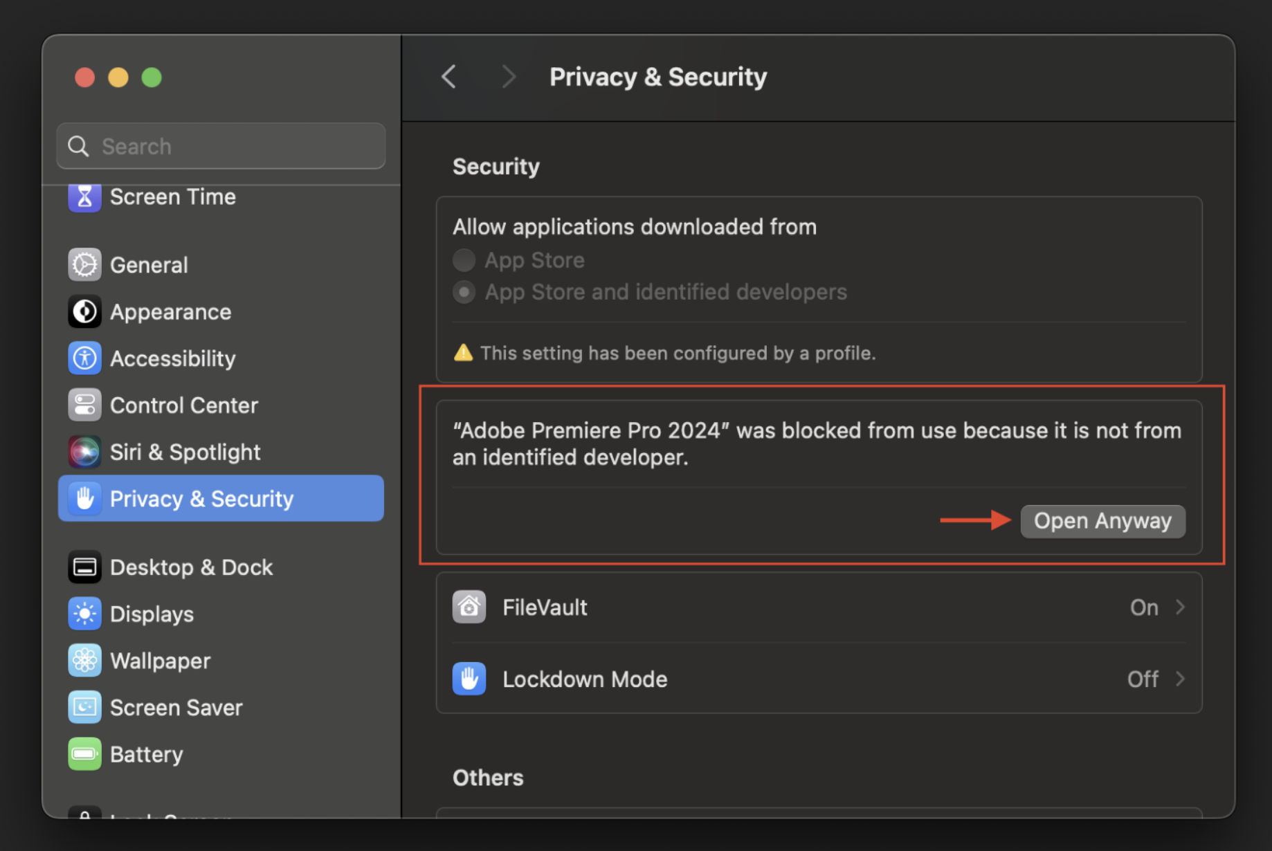 Select alert mentioning Open Anyway in Privacy & Security to open damaged file.