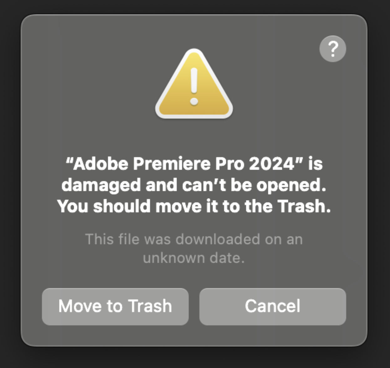 Error showing Adobe Premiere Pro 2023 is damaged and can't be opened. You should move it to the Trash.