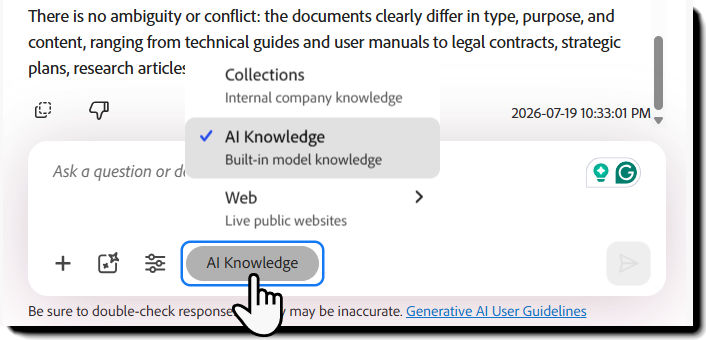 AI Assistant source selector with AI Knowledge selected.