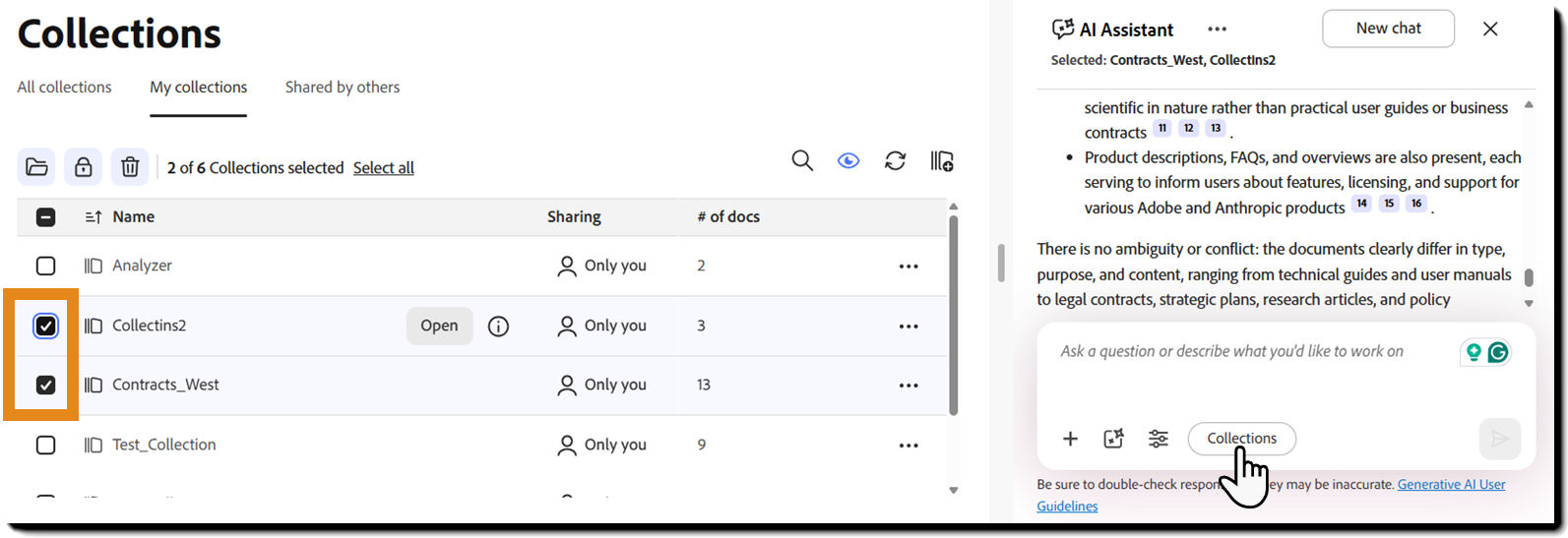 Collections page with multiple collections selected as sources for an AI Assistant chat.